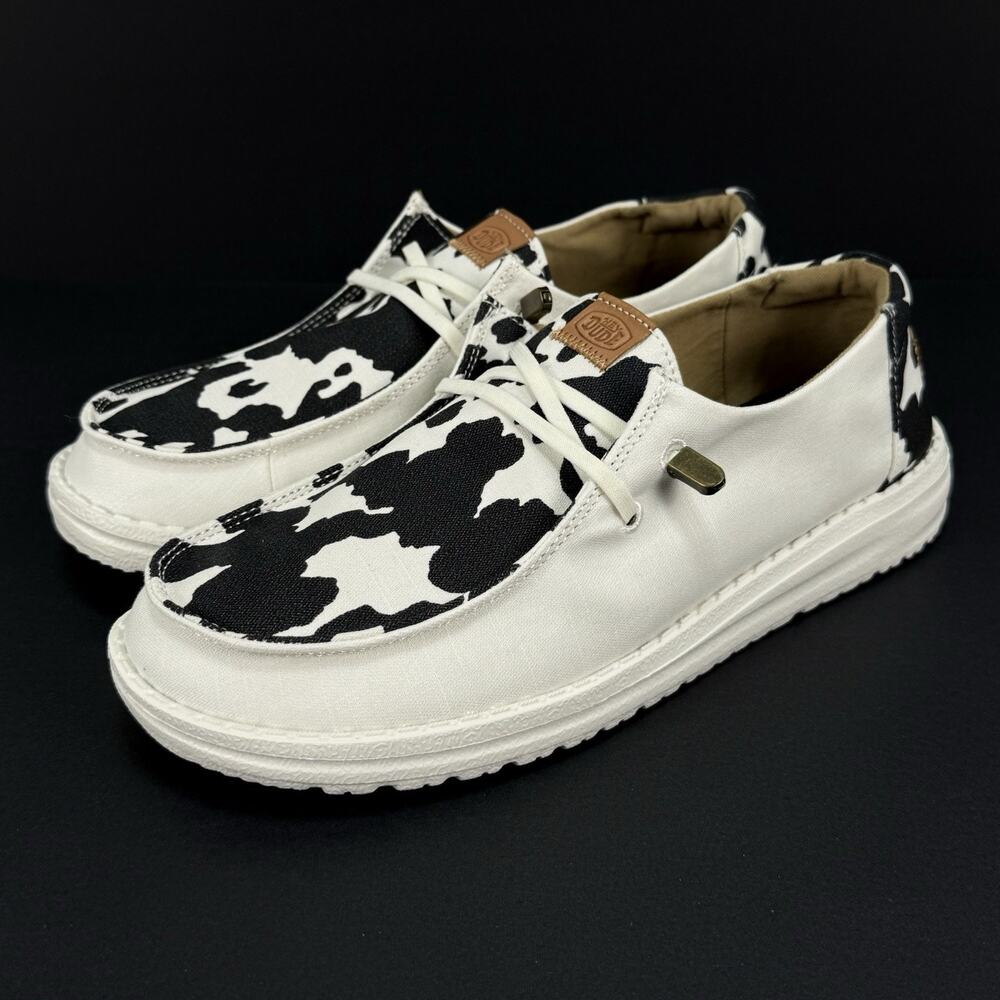 Hey Dude Wendy Animal Cow Print Slip On Womens 9 White Casual Shoes New No Box